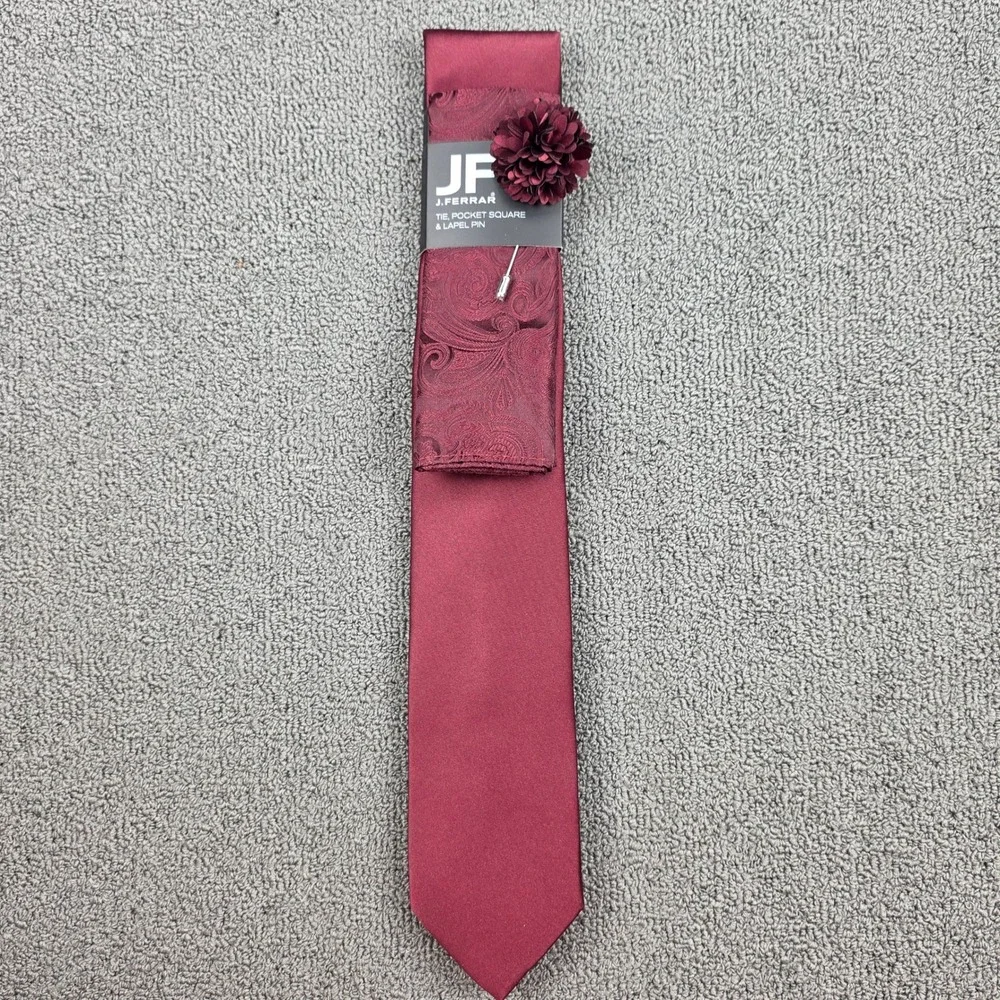 J.Ferrar Tie Pocket Square Lapel Pin Set Mens Burgundy Paisley Formal OS
